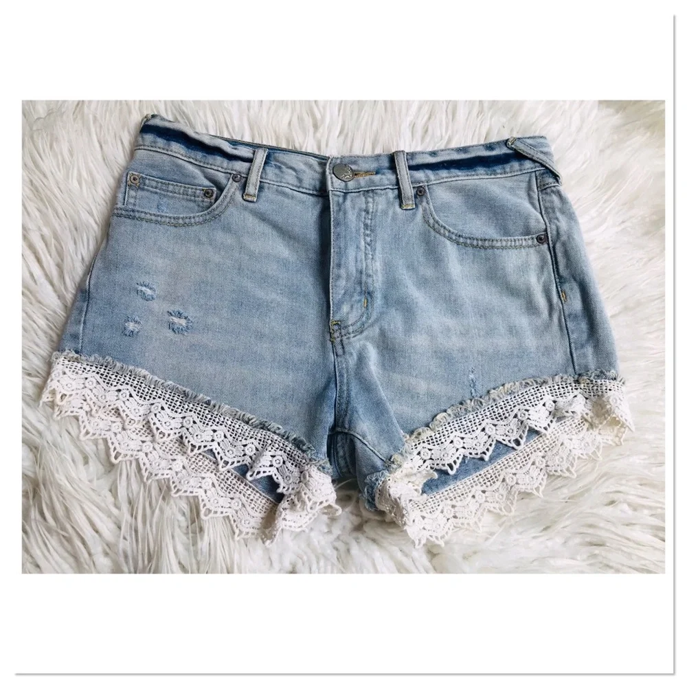 Free People Crochet Lace Hem Jean Shorts  Blue Size 26